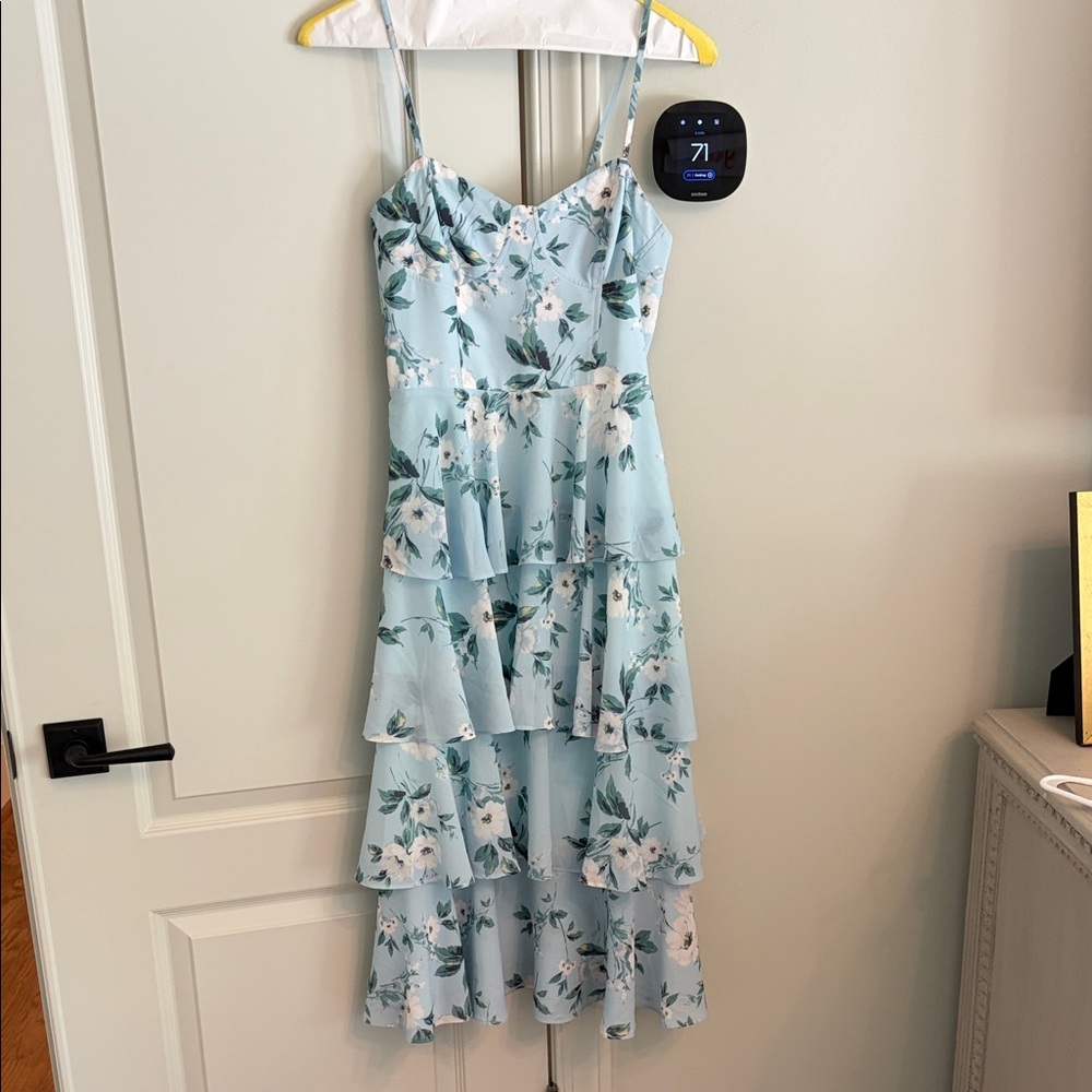 Light Blue Floral Tiered Spaghetti Strap Dress